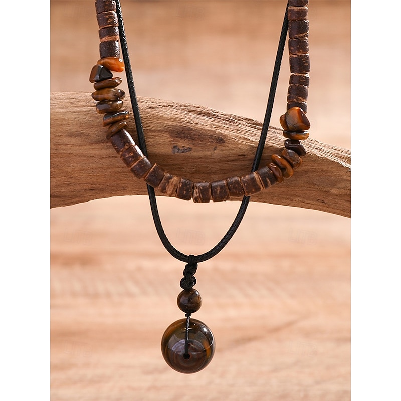 Men's Boho Layered Necklace with Wooden Beads and Pendant – Tribal-Inspired Double-Strand Necklace for Casual and Beachwear Style3