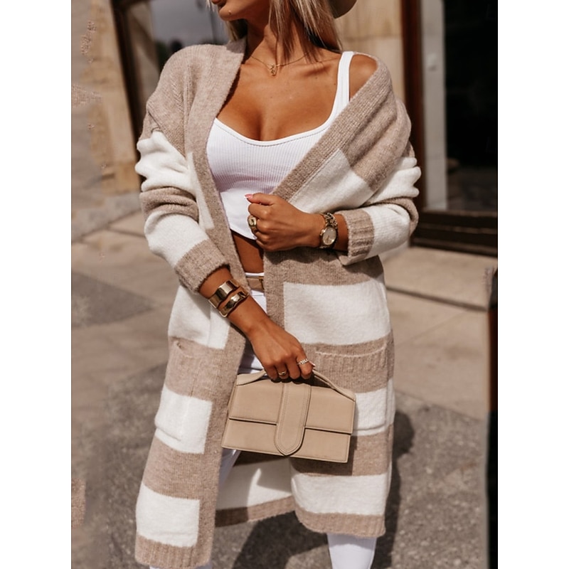 Women's Sweater Cardigan Casual Soft Striped Ribbed Open Front Pocket Knitted Long Sleeve Regular Tops Knit Outdoor Daily Weekend Blue Khaki Fall Winter