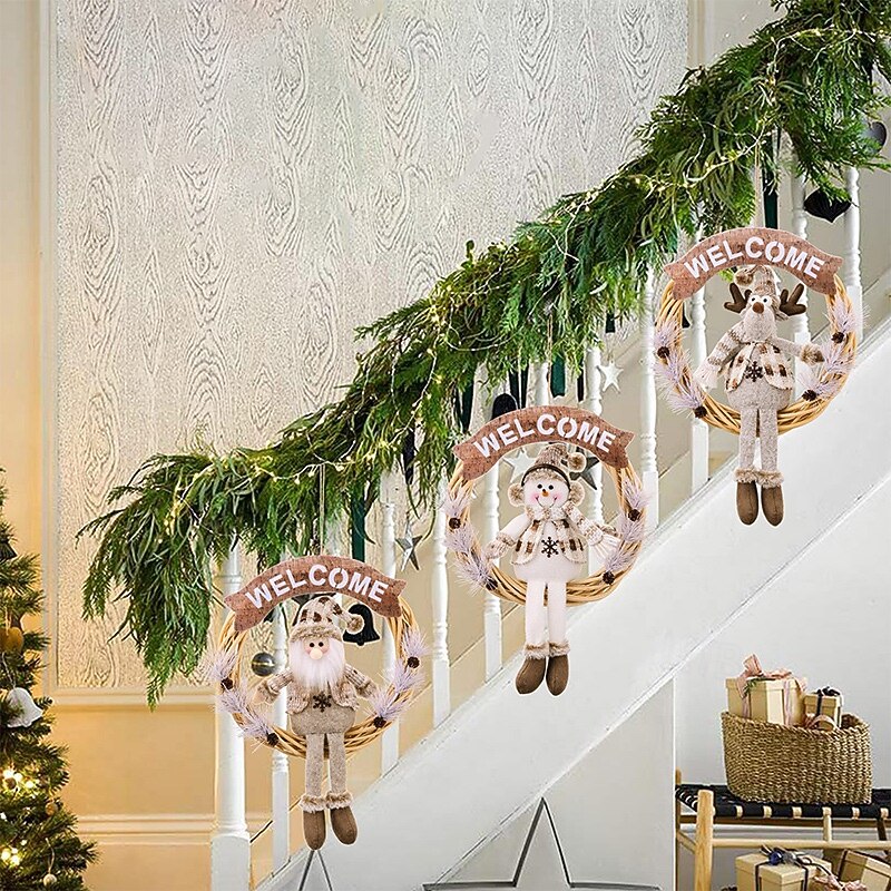 Christmas White Pine Needle Wreath Decorations, Santa Claus and Snowman Figurines, Reindeer Ornaments, Festive Holiday Hanging Wreath for Home Decor2