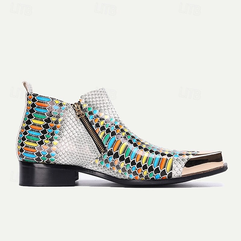 Men's Exotic Snake Print Leather Ankle Boots– Premium Cowhide, Multicolored Fashion Statement with Gold Tip Gold-Tipped Toes and Side Zipper Closure4