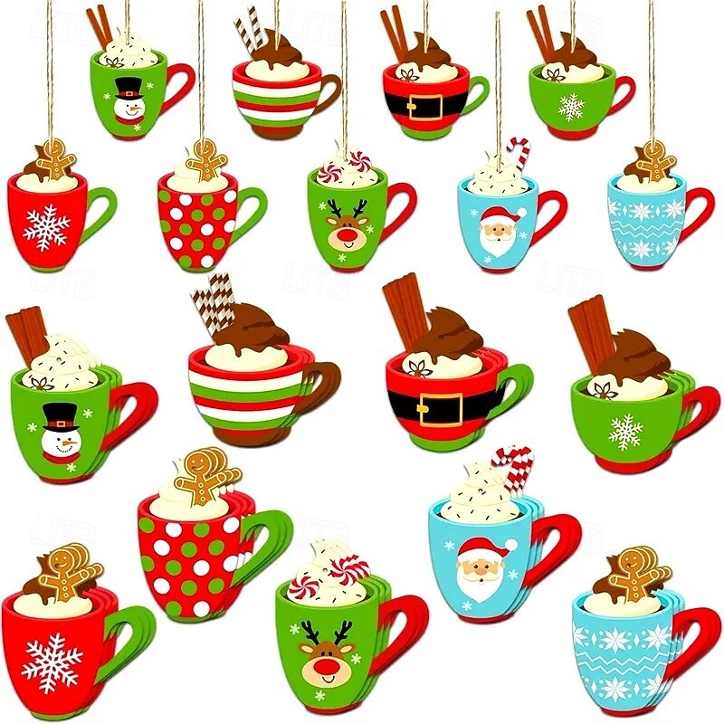27pcs Christmas Wooden Cup Ornaments, Festive Holiday Hanging Pendants featuring Snowflakes, Santa, and Snowman Designs, Perfect for Xmas Tree Decor, Rustic Wood Decor