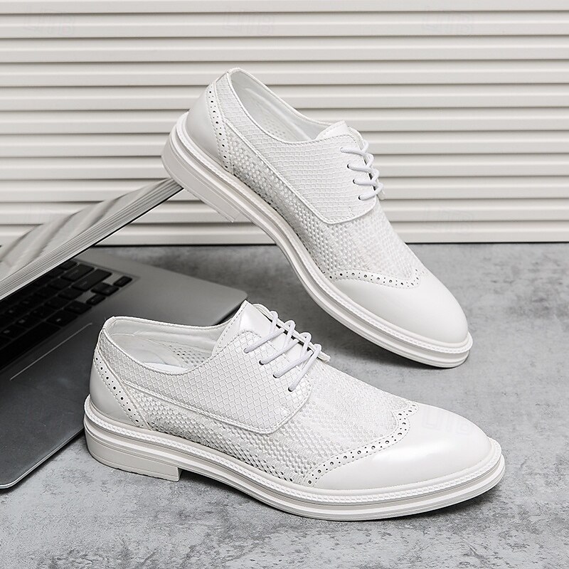 Men's White Mesh Lace-Up Oxford Shoes with Crocodile Pattern, Lightweight Breathable Dress Shoes for Summer Formal and Casual Wear4
