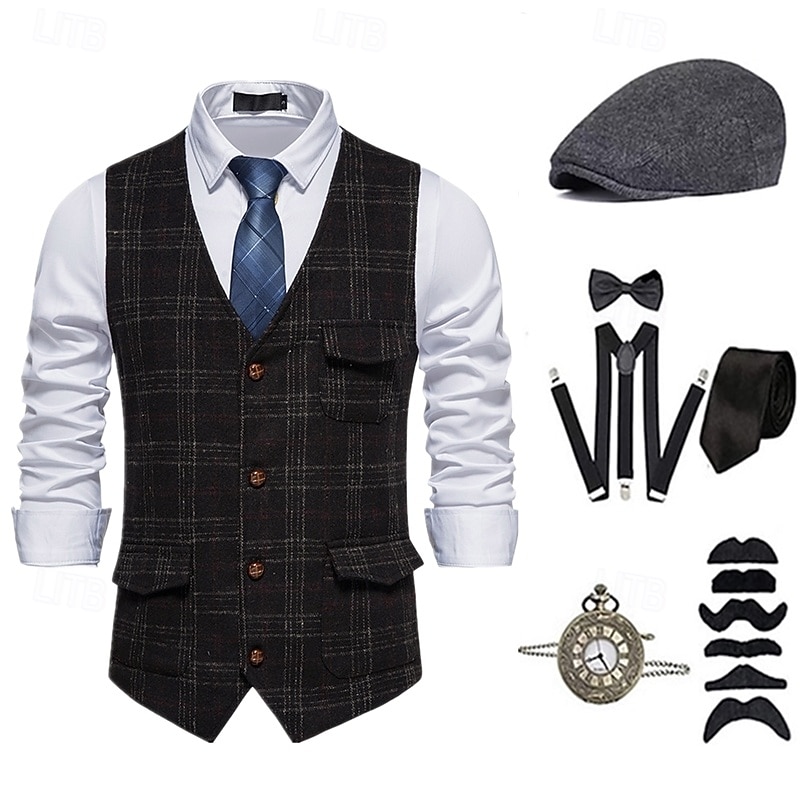 Retro Vintage Roaring 20s 1920s Outfits Waistcoat Accesories Set Gentleman Fancy Dress Men's Halloween Carnival New Year Party / Evening Masquerade New Year Eve Adults' Cravat Vest More Accessories2