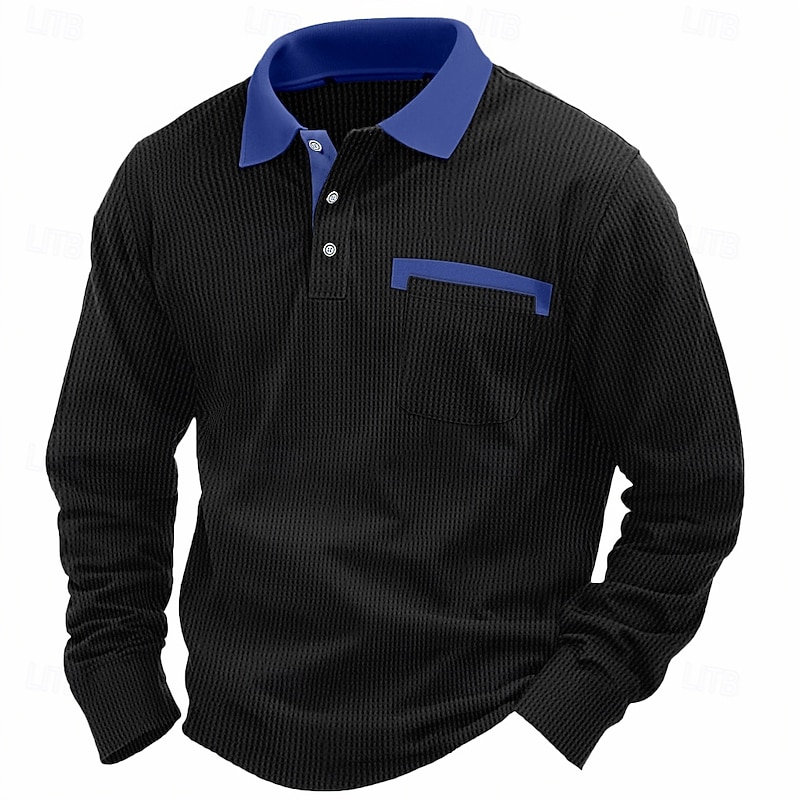 Men's Waffle Polo Shirts Polo Shirts Formal Business Lapel Classic Long Sleeve Fashion Basic Solid Color Patchwork Buttons Spring &  Fall Regular Fit Black White Burgundy Navy Blue Royal Blue Dark2