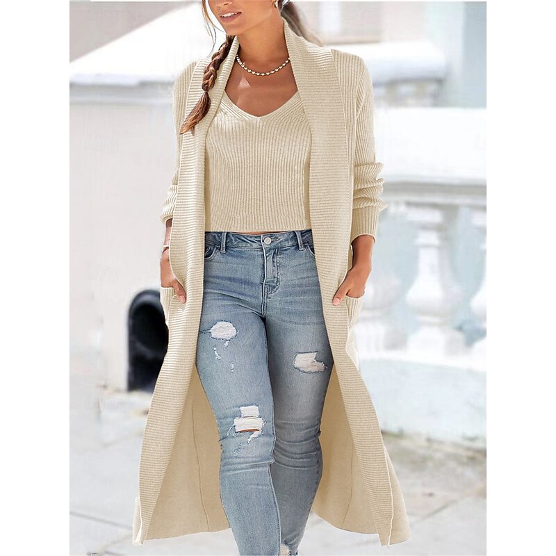 Women's Coat Outdoor Street Daily Wear Fall Winter Maxi Coat Regular Fit Thermal Warm Breathable Stylish Casual Jacket Long Sleeve Plain with Pockets Black Beige Gray3