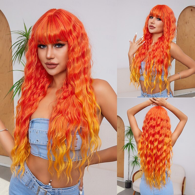 26 Inch Synthetic Wig Women's Wig Orange Long Wavy Hair Fashion Daily Party Cosplay