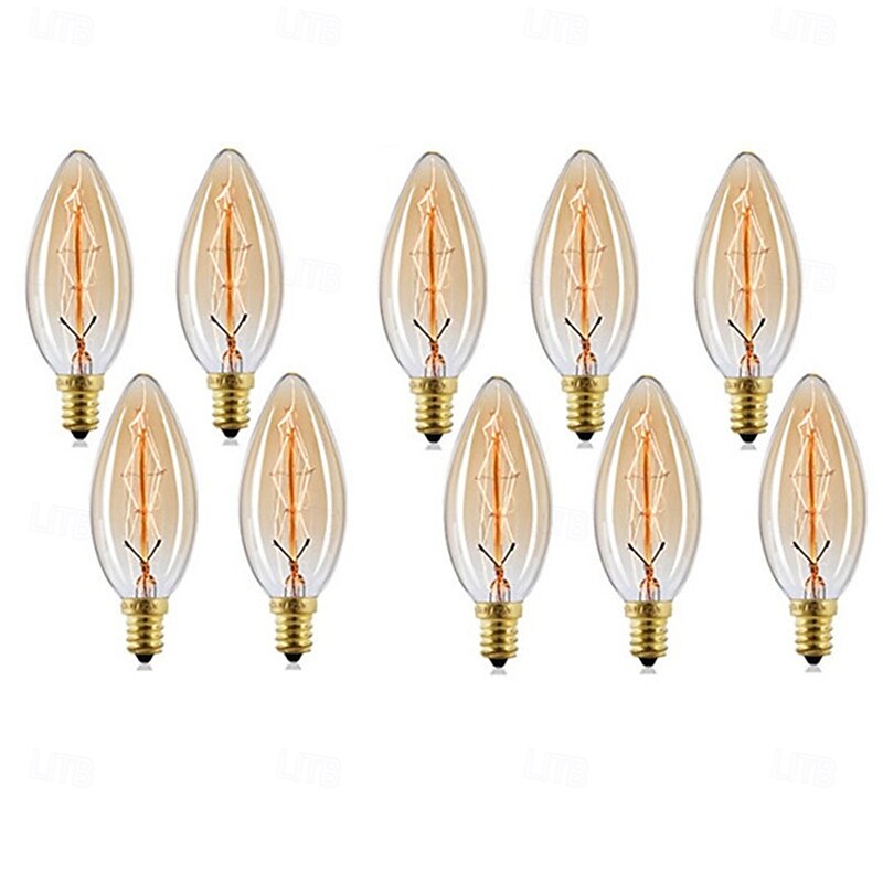 10pcs Vintage Edison Candle Bulbs, 40W E14 C35 Dimmable Decorative Retro Lights - AC 220-240V2