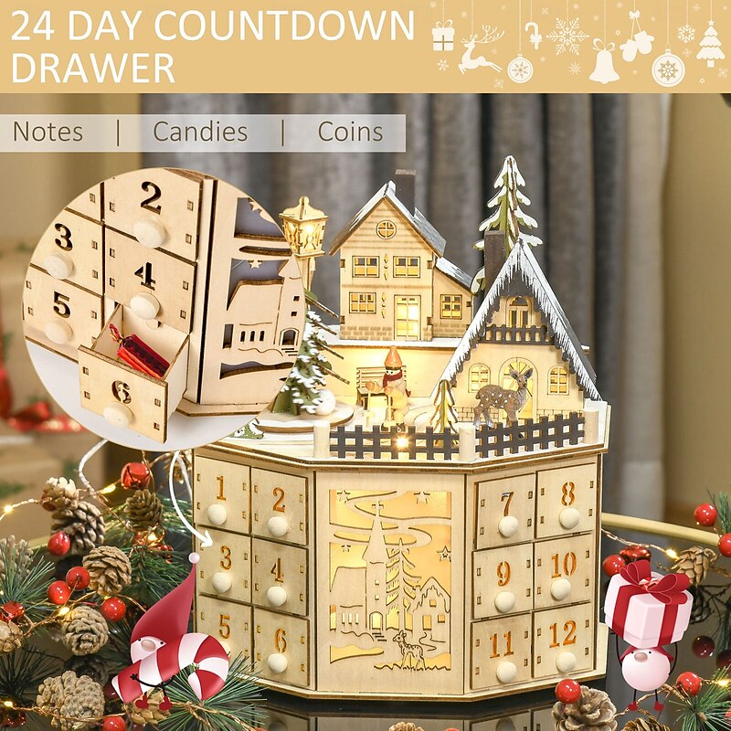 Christmas Wooden Advent Calendar with 24 Storage Drawers LED Wooden Advent Calendar Decoration with Christmas Tree House Reusable Xmas Countdown Calendar DIY for Adults Kids Gifts Holiday Decoration3