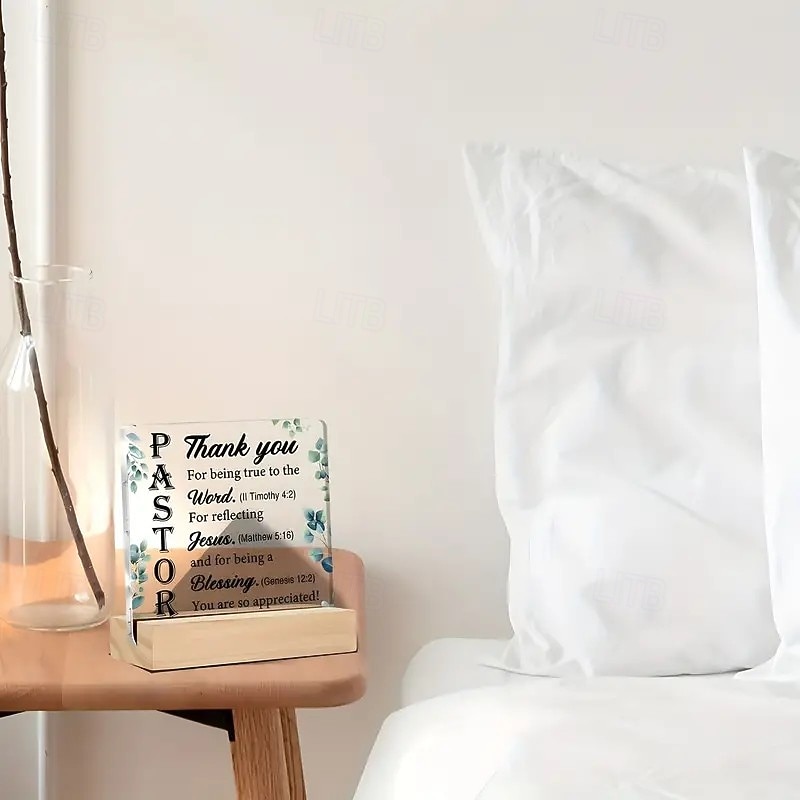 Acrylic Plaque with Wooden Base, Christian Keepsake Gift from Pastor to Believer, Religious Holiday Décor for Table, Room, Home, Café, Bar, and Restaurant4