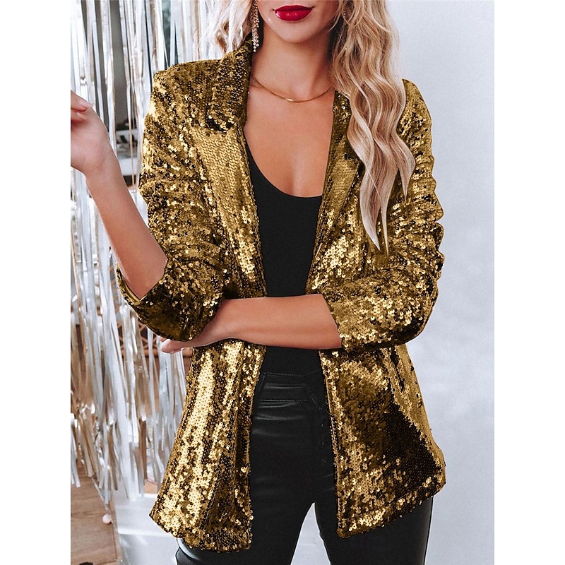 Women's Winter Jacket Party Outdoor Street Fall Winter Regular Coat Regular Fit Thermal Warm Breathable Stylish Casual Jacket Long Sleeve Plain Sequins Silver Red Gold3