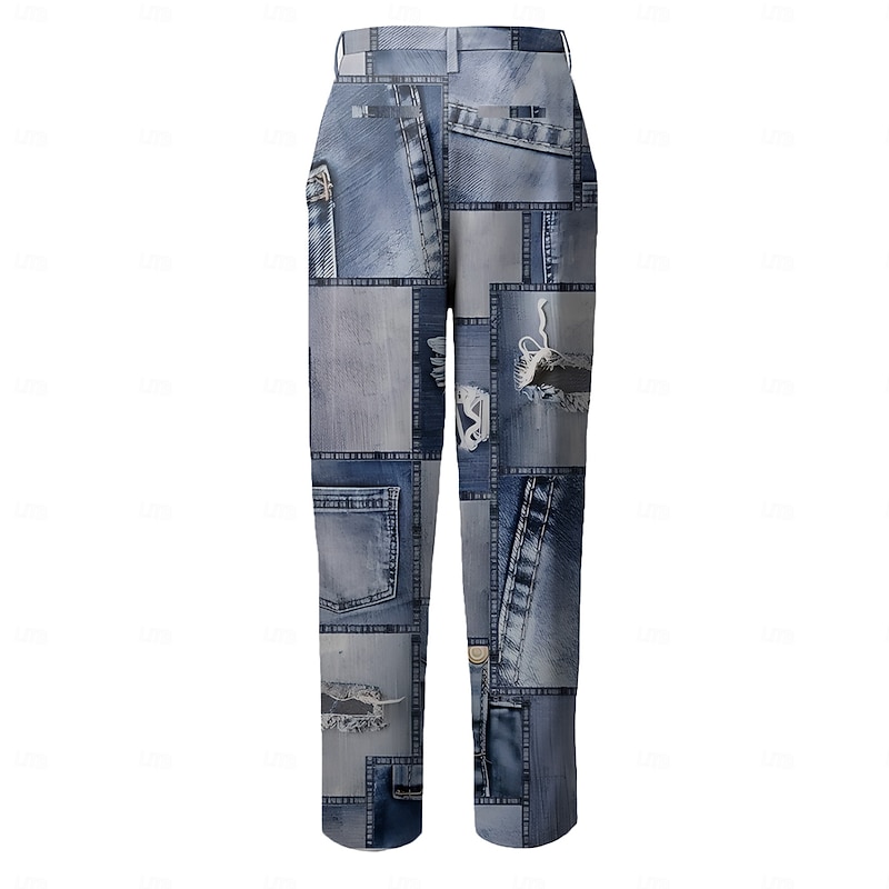 Men's Color Block Patchwork Jeans Dress Pants Mid Waist Business Casual Formal Outdoor Dailywear Zipper Pocket Summer Spring Fall 3D Print Blue2