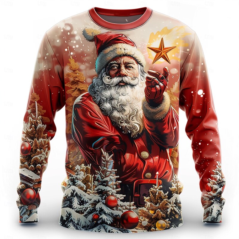 Christmas Men's Santa Claus T Shirt Long Sleeve T shirt 3D Print Crew Neck Shirt Fashion Daily Street Casual Red Summer Spring Fall Clothing Apparel S M L XL XXL XXXL