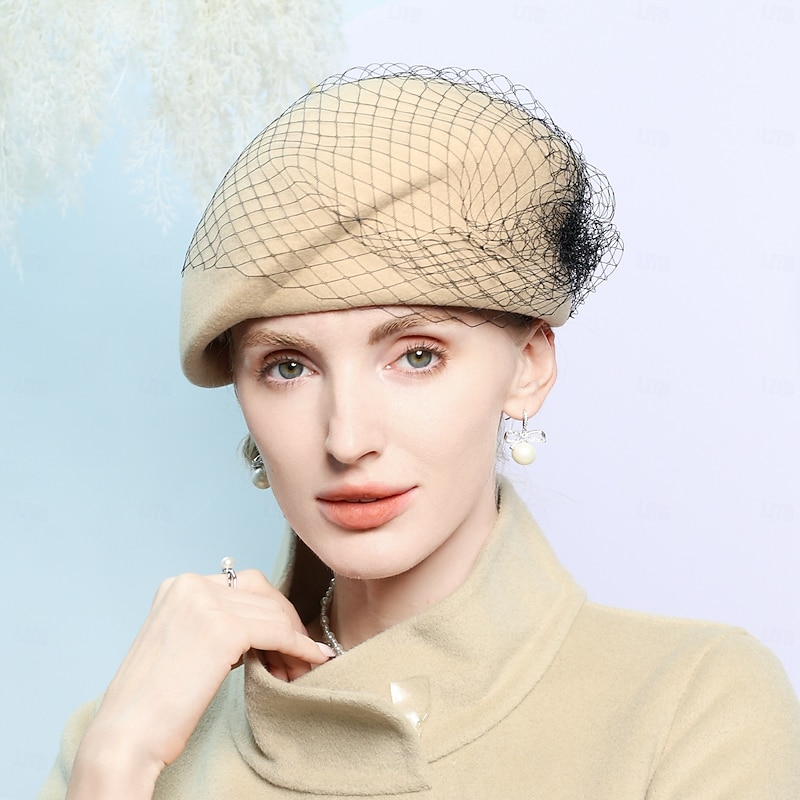 Hats 100% Wool Beret Hat Fedora Hat Veil Hat Wedding Tea Party Elegant Wedding With Tulle Headpiece Headwear