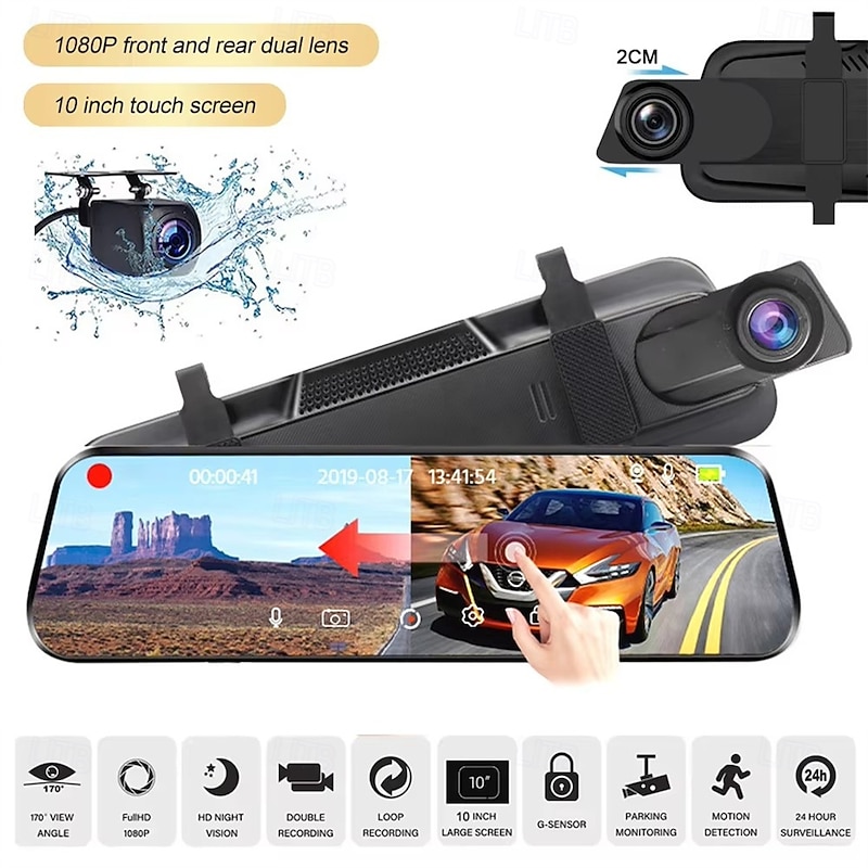 Touch Screen Mirror 1080P Dash Camera Car DVR Mirror Front and Rear Dual Lens Camera Dashcam HD 1080P Rear View Mirror 1080P Dash Cam Video Camera
