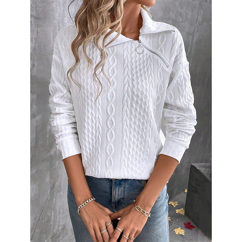 Women's Shirt Blouse Solid Color Basic Casual Long Sleeve Shirt Collar Regular Tops Daily Zipper White Fall Winter4