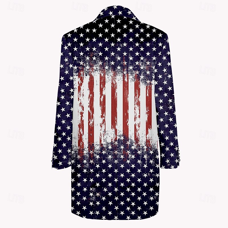Men's American US Flag Winter Coat Fleece Jacket Overcoat Thermal Comfortable Casual Outdoor Street Daily Wear 3D Print Buttons Front Pocket Winter Turndown Long Sleeve Blue2