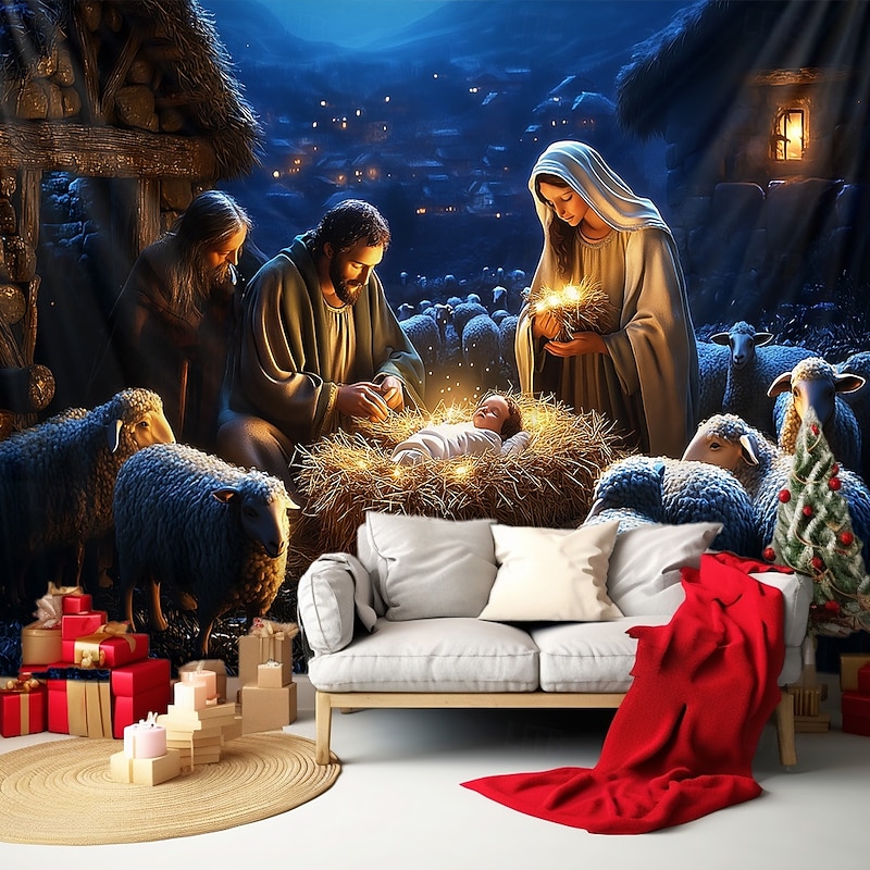 Christmas Hanging Tapestry Nativity Scene Xmas Manger Wall Art Large Tapestry Mural Decor Photograph Backdrop Blanket Curtain Home Bedroom Living Room Decoration3