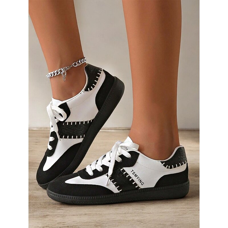 Women's Retro Black and White Lace-Up Sneakers - Casual Low-Top Design with Suede and Fabric Accents, Comfortable Sole for Daily Wear and Sports Activities2