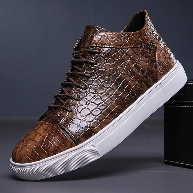 Men's Brown Crocodile Pattern Faux Leather Sneakers with Lace-Up Design and Comfortable White Sole for Casual and Stylish Everyday Wear