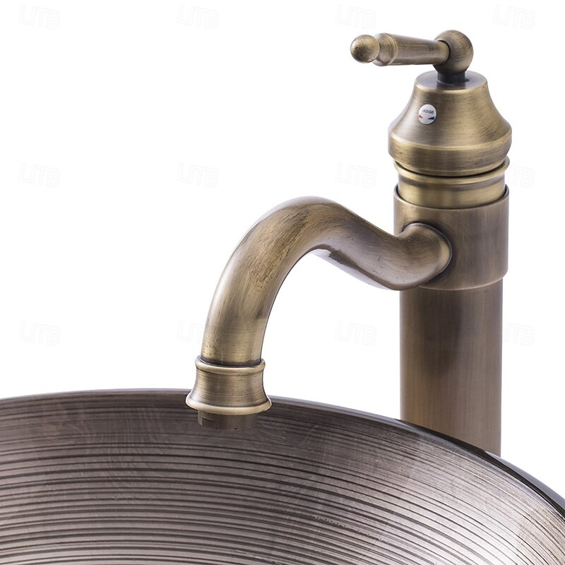 Vessle Sink Circular Stripe Design Basin Modern Tempered Glass Vessel Sink for Bathroom Bathroom Sink Set with Vintage Faucet4