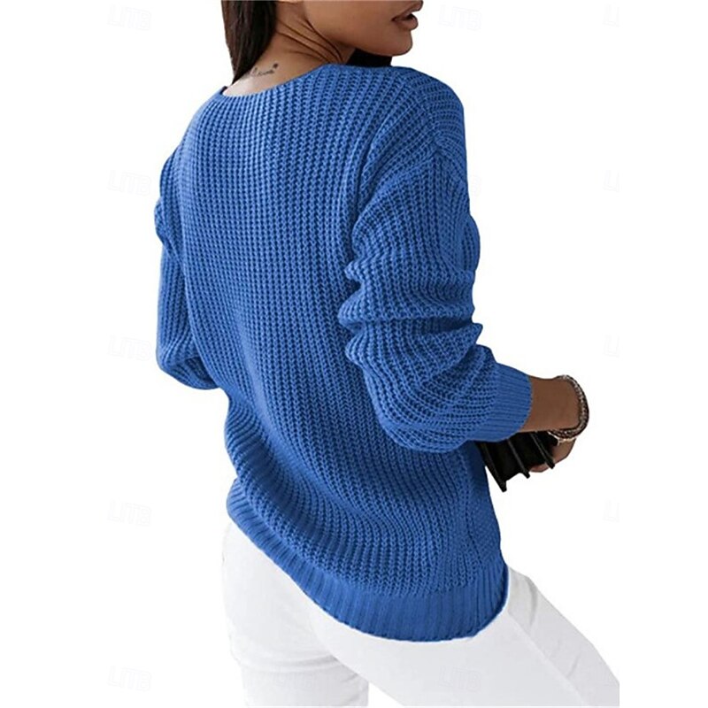 Women's Sweater Pullover Sweater Jumper Casual Soft Pure Color Ribbed V Neck Knitted Long Sleeve Regular Tops Knit Outdoor Daily Weekend White Blue Fall Winter2
