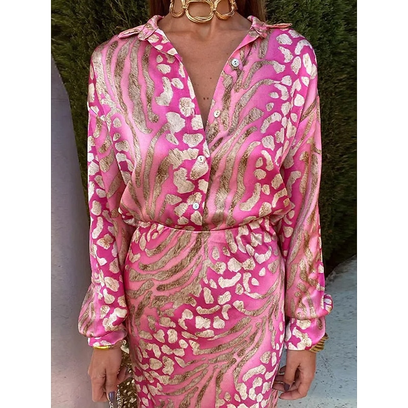 Women's Elegant Shirt Pencil Long Sleeve V Neck Ombre Print Vacation Date Pink Green Spring Regular Fit2