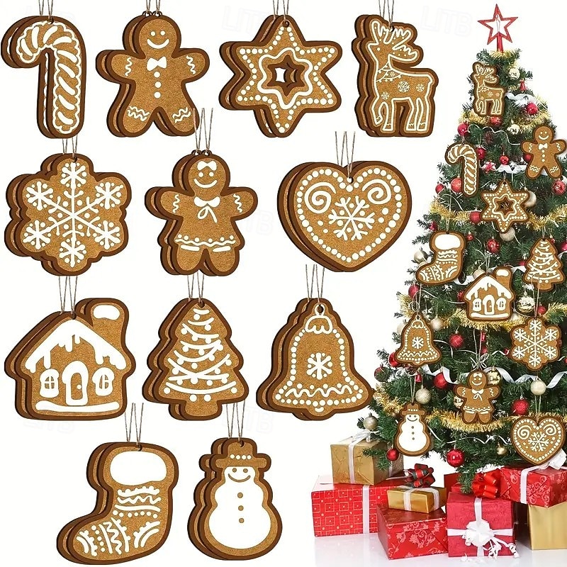 24pcs Wooden Christmas Ornaments, Xmas Tree Pendant Decoration - Rustic Hanging Decor in Gingerbread, Stars, Hearts, Bells, Snowmen, Stockings, Moose, and Peppermint Candy Cane Shapes