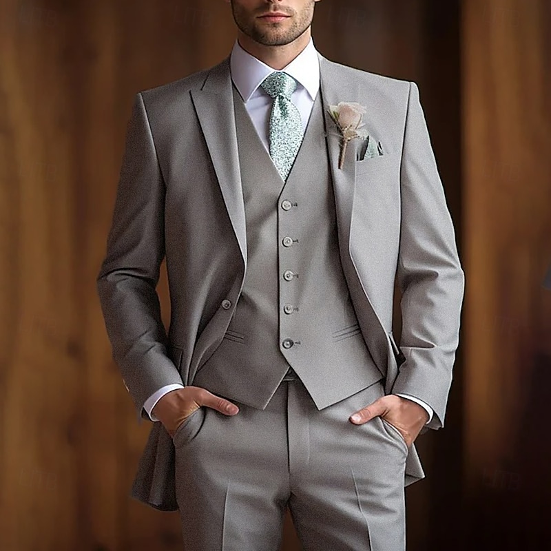Men's Wedding Party Suits Light Grey Fashion Business Solid Colored Standard Fit 3 Piece Single Breasted One-button2