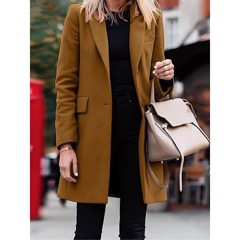 Women's Coat Outdoor Office Street Fall Winter Long Coat Regular Fit Thermal Warm Breathable Stylish Casual Jacket Long Sleeve Plain with Pockets Black Red Coffee2