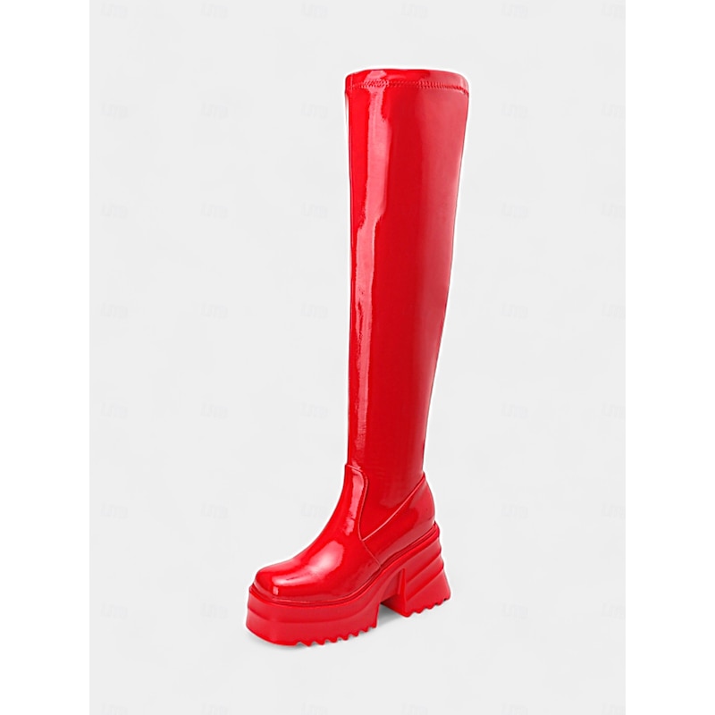 Women's Red Patent Leather Platform GoGo Boots - Thigh-High Chunky Heels with Zipper Closure, Retro Futuristic Style for Party, Clubbing, and Costume Wear4