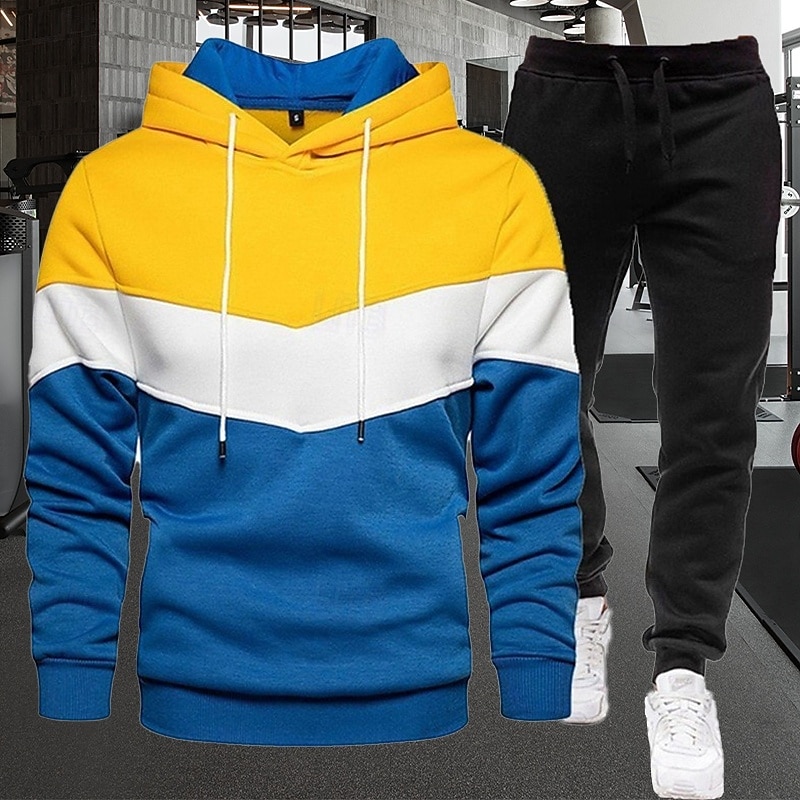 Men's Tracksuit Jogging Suit Drawstring Pocket Color Block Hoodie and Pants Athletic Clothing Set Spring Dark Khaki White Gym Workout Jogging Running Soft Breathable Long Sleeve Sport Activewear