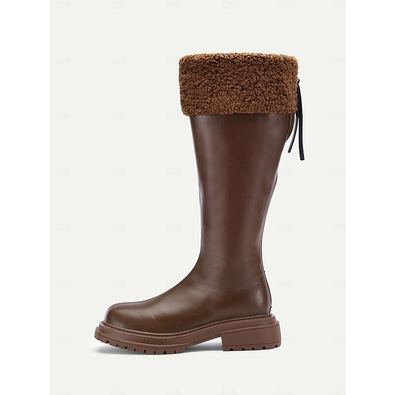 Women's Extra Wide Calf Brown Knee-High Boots with Faux Fur Cuff – Cozy Winter Footwear with Rugged Sole for Outdoor Comfort4