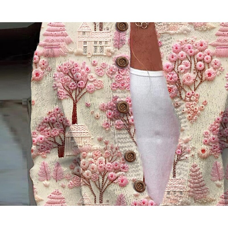 Women's Cardigan Sweater Knitted Ribbed Button Front Round Neck Long Sleeve Lightweight female Daily Graphic Animal Crew Neck Print Regular Tops Knit Weekend Pink Fall Winter2