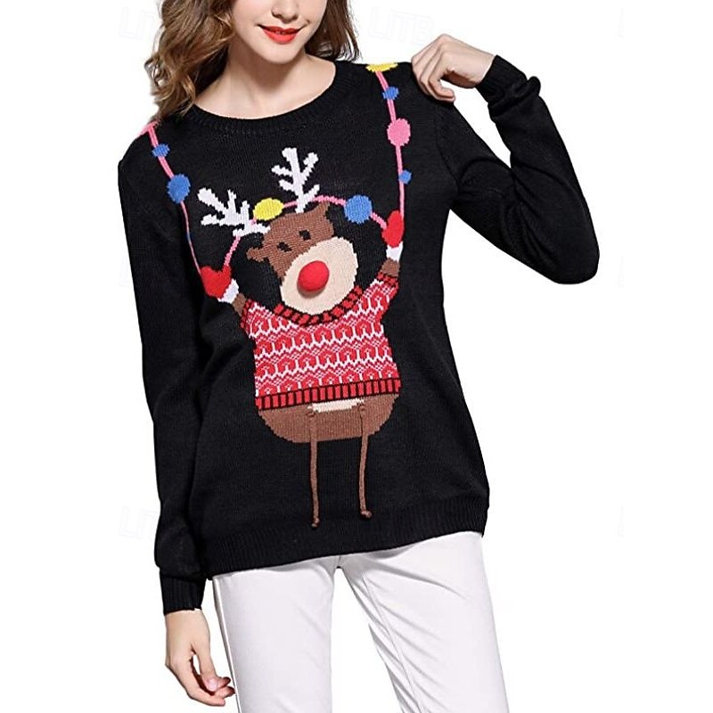 Women's Christmas Sweater Funny Christmas Reindeer Ugly Pullover Snowflake Long Sleeve Sweater Shirt3