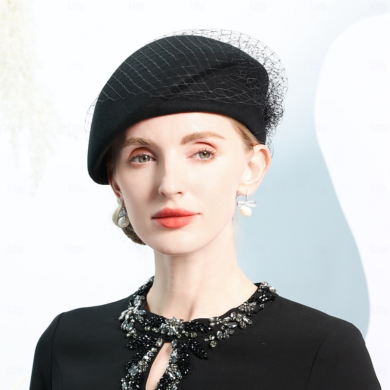 Hats 100% Wool Beret Hat Fedora Hat Veil Hat Wedding Tea Party Elegant Wedding With Tulle Headpiece Headwear3