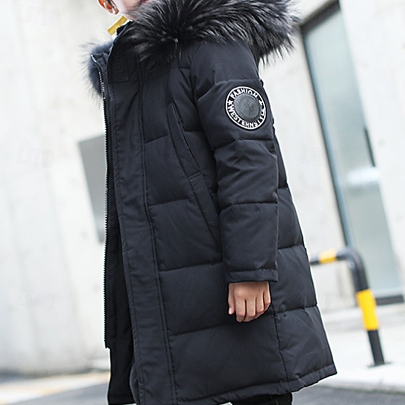 Kids Boys' Down Coat Hoodie Jacket Puffer Jacket Outerwear Letter Long Sleeve Pocket Coat Outdoor Daily Basic Black Red Blue Fall Winter 4 years+2