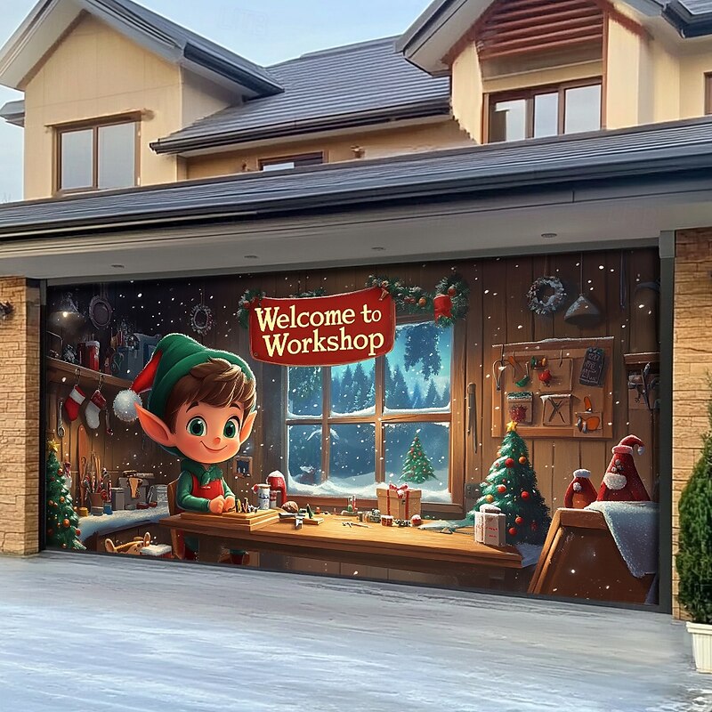 Christmas Door Decorations Outdoor Garage Door Cover Xmas Tree Banner Farmhouse Large Christmas Backdrop for Holiday Outdoor Garage Door Home Wall Decorations 17