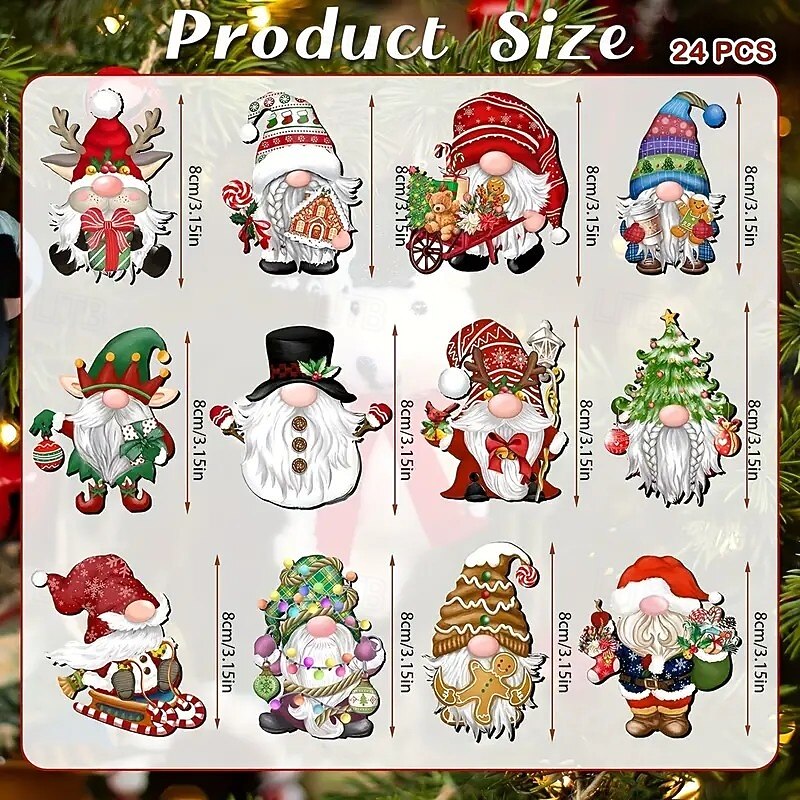 24pcs Christmas Wooden Ornaments, Classic Gnome Decorations with Fairytale-Themed Hanging Pendants, Featuring Santa and Elf Designs for Holiday Decor, Traditional Non-Electric Shapes3