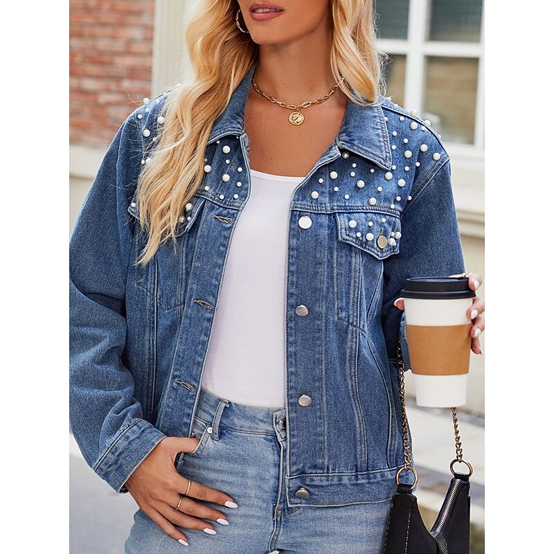 Women's Denim Jacket Outdoor Street Daily Wear Fall Winter Short Coat Regular Fit Thermal Warm Breathable Stylish Casual Jacket Long Sleeve Solid Color with Pockets Beaded Black Blue2