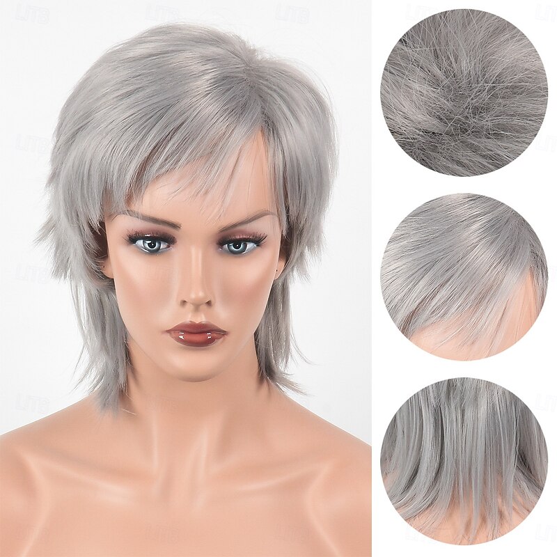 Sliver Gray Wigs Synthetic Wig Straight With Bangs Machine Made Wig Short Synthetic Hair Women's Soft Fashion Easy to Carry3