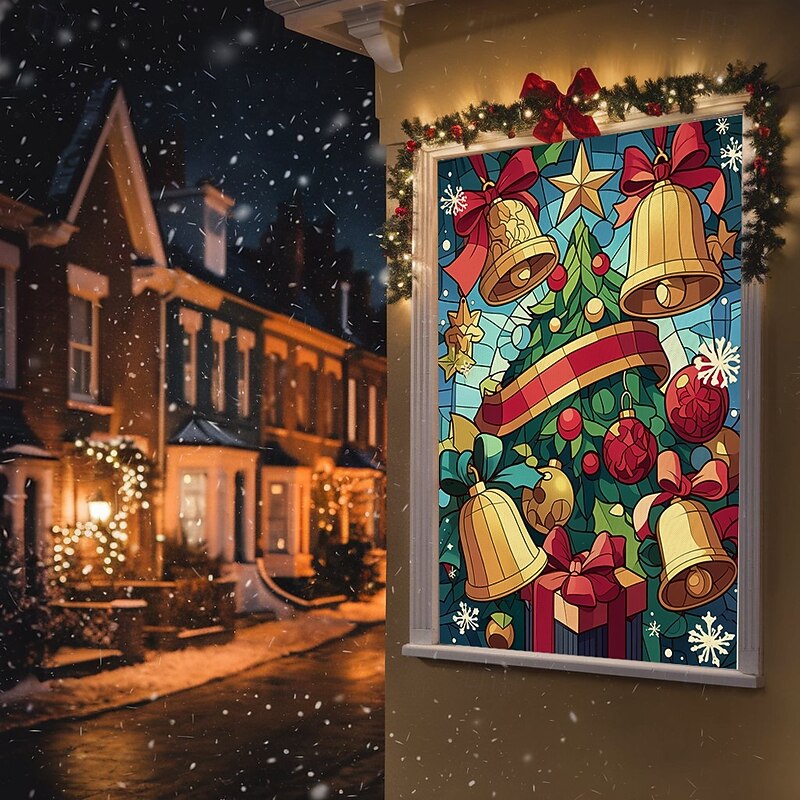 Christmas Window Cover Decorations, Fabric Stained Glass Jingle Bells Curtain Movie Poster Window Door Covering Decor for Christmas House, Window Clings Decals Indoor Outdoor2