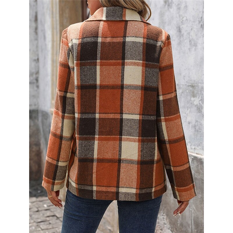 Women's Casual Jacket Outdoor Street Daily Wear Fall Winter Regular Coat Regular Fit Thermal Warm Breathable Stylish Casual Jacket Long Sleeve Stripes and Plaid with Pockets Print Orange2
