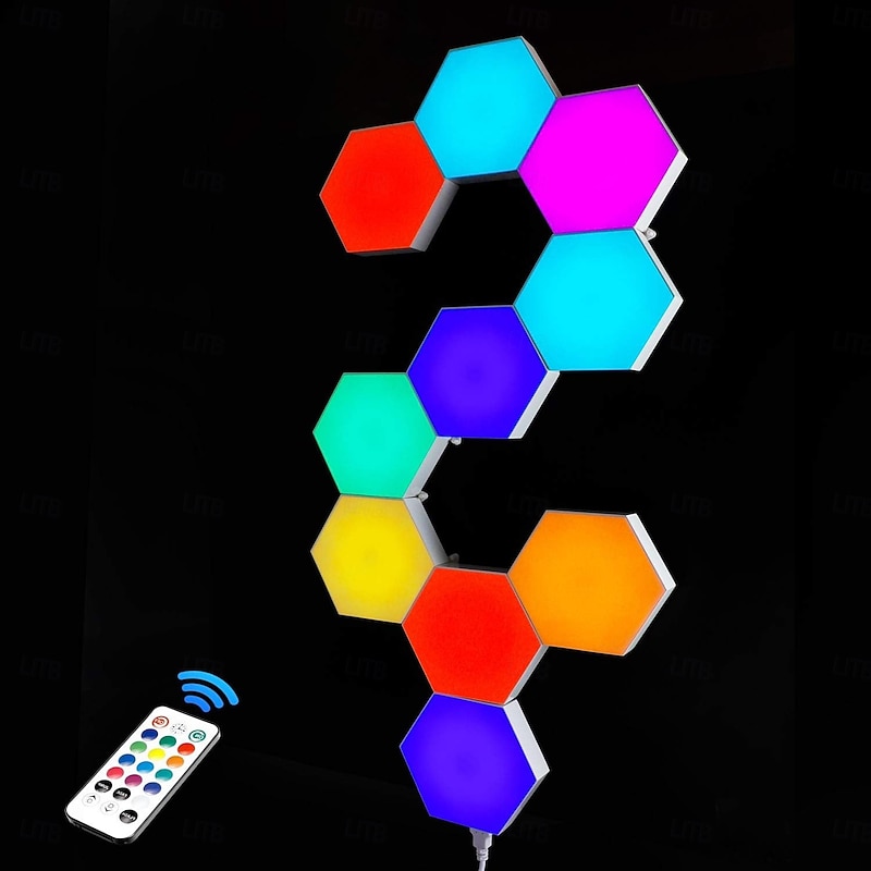 LED Smart Light Hexagonal LED Remote Control Wall Light, Modular Touch Color DIY Lighting for Bedroom, Bathroom, Living Room, Parties and Holidays 6-10 Piece Set4