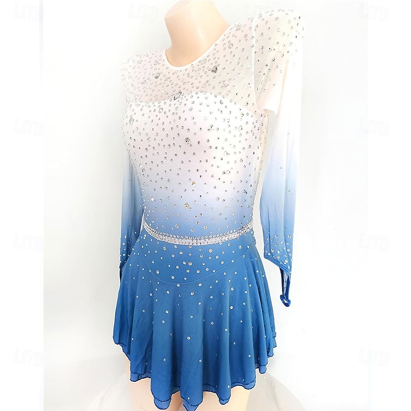 Blue Long-Sleeved Competition Figure Skating Dress for Girls3