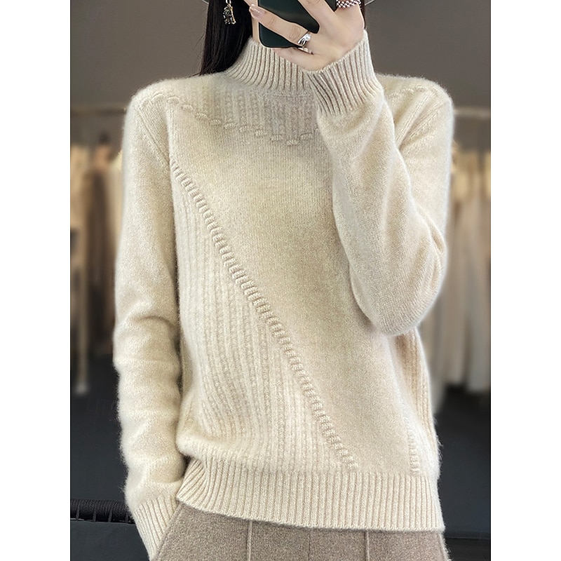 Women's Sweater Pullover Sweater Jumper Casual Soft Pure Color Ribbed Turtleneck Knitted Long Sleeve Regular Tops Knit Outdoor Daily Weekend White Red Fall Winter