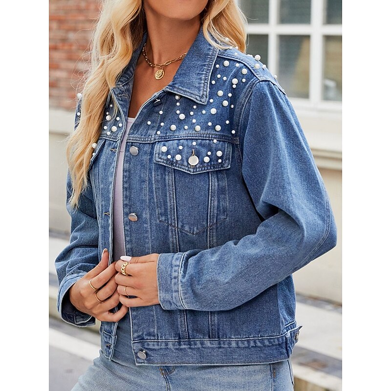 Women's Denim Jacket Outdoor Street Daily Wear Fall Winter Short Coat Regular Fit Thermal Warm Breathable Stylish Casual Jacket Long Sleeve Solid Color with Pockets Beaded Black Blue3