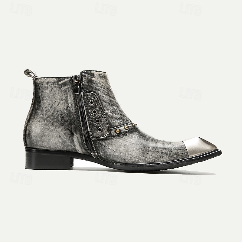 Men's Metallic Silver Leather Chelsea Motorcycle Boots – Pointed Toe Ankle Boots with Studded Detailing and Metal Toe Cap4