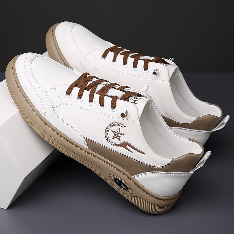 Men's White and Beige Lace-Up Casual Sneakers with Comfortable Rubber Sole for Everyday Wear3