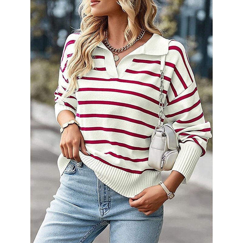 Women's Sweater Pullover Sweater Jumper Casual Soft Striped Ribbed Shirt Collar Knitted Long Sleeve Regular Tops Knit Outdoor Daily Weekend Black Red Fall Winter 6
