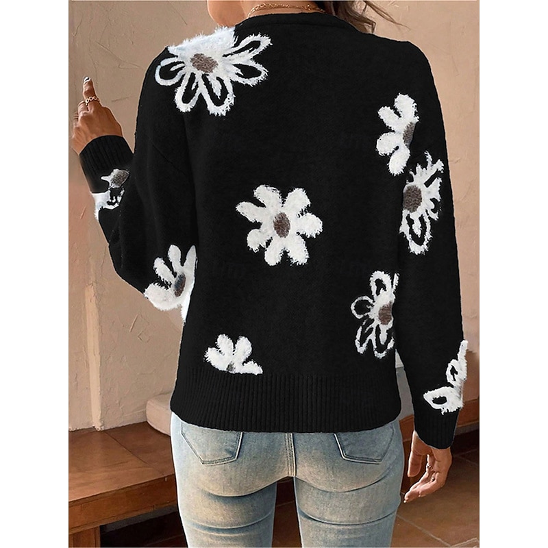 Women's Sweater Cardigan Casual Soft Floral Ribbed V Neck Buttons Knitted Long Sleeve Regular Tops Knit Outdoor Daily Weekend Black Light Grey Fall Winter 6